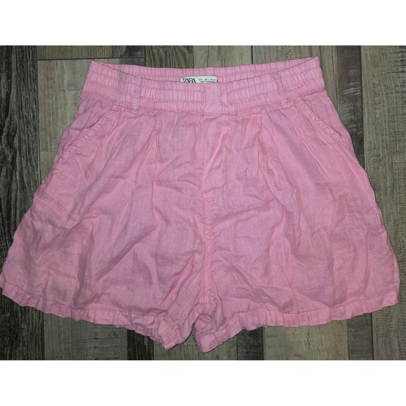 Zara Pants - Zara Pink 100% Linen High Waisted Elastic Waist Shorts Womens Large